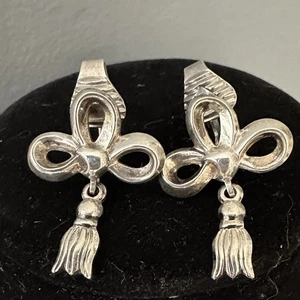 Sterling Silver Bow And Tassel Earrings Clip On Vintage - Picture 1 of 7