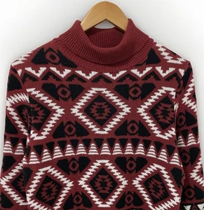Vintage Aztec Roll Neck Jumper Women's M Russet Red Longline British Knitwear - Picture 1 of 20