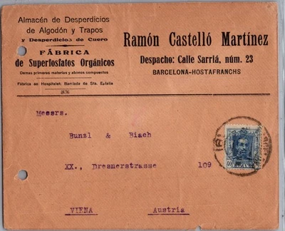 SPAIN 1920'S POSTAL ADDVERTISING COVER ADDR VIENA AUSTRIA POSTMARK BARCELONA - Image 1 of 2
