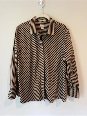 Camisa Chico’s Rayas Sin Hierro Satén Manga Larga Oculta Botón Frontal Talla 3P XL Foto 1 de 4