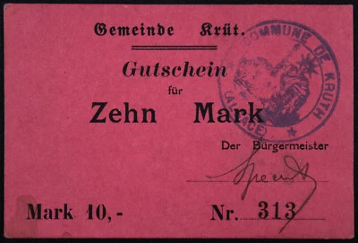 KRÜT / KRUTH 1914 10 Mark Early WWI German Notgeld France Alsace Elsass Radar - Image 1 of 2