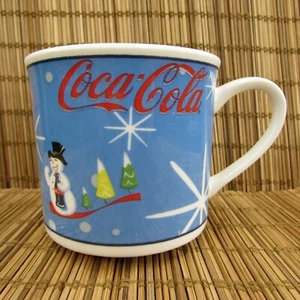 Coca Cola Laughing Snowman Blue Christmas Coffee Mug Cup Winter Holiday Trees - Picture 1 of 8