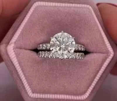 Certified 4 CT Round Cut Lab Grown/CVD Diamond Wedding Ring Set 10k White Gold - Image 1 of 4