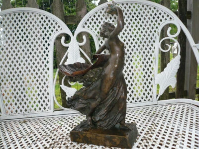 EXQUISITE OLD BRONZE CLAD SPELTER LADY BIRDFEEDER/ BIRDBATH GARDEN ORNAMENT 17" - Image 1 of 4