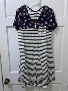 Large Zeagoo Women's Summer Short Sleeve Floral Print Stripped T-Shirt Dress - Picture 1 of 5