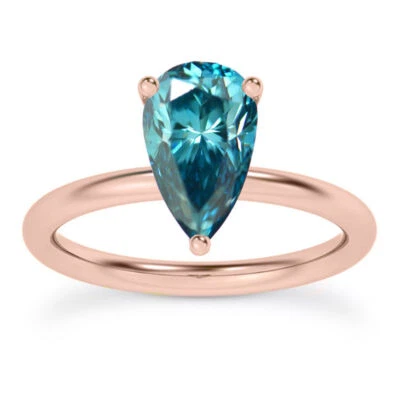 Blue Pear Cut Diamond Engagement Ring Treated 14K Rose Gold IGI Cert 0.98 Carat - Image 1 of 4