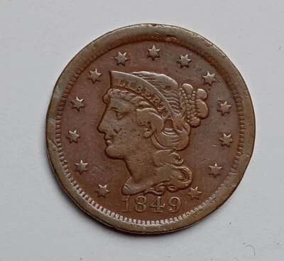 US - 1 Cent Braided Hair 1849 -km#67 Large Coin f / vf - Image 1 of 2