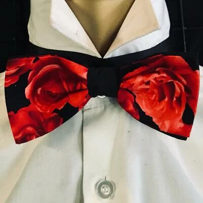 Red Roses Bow Tie Cotton Hair Bow Dickie Graduation Wedding Prom Necktie - Image 1 of 4