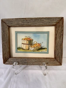 Acquerello originale vintage Country Peach Orchard firmato 8,5” x 7” rustico incorniciato - Foto 1 di 9