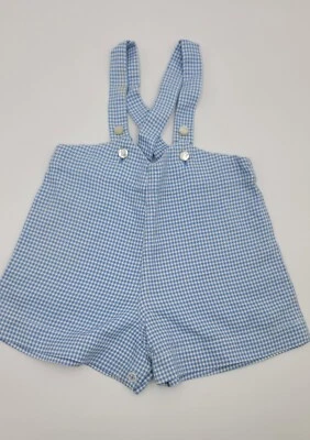 Vintage Baby Boy Blue White Plaid Suspender Shorts Looks as is for 6-12 Months - Image 1 of 4