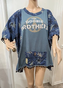 Upcycled Doobie Brothers Kaftan Top Ponch Top Graphic Boho Hippie One Size Blue - Picture 1 of 8