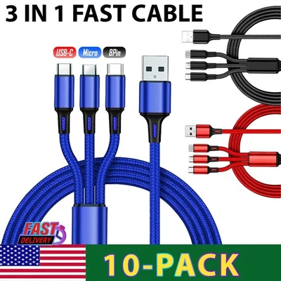 10 Pack 3in1 Fast Charging Cables 1.2M Braided,USB-C Micro-USB/Android - Image 1 of 4