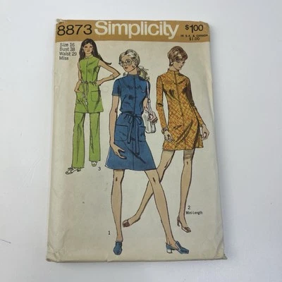 Dress Size 16 b38 w29 CUT Vtg 70s Pattern 8873 Stand Up Collar Belt Front Zip  - Image 1 of 2