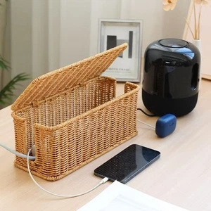 2 Open Slots Cable Management Box Handwoven Storage Box Desk - Afbeelding 1 van 7