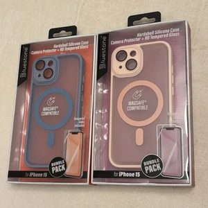 Bluestone Apple iPhone 15 Silikon Handyhülle MagSafe Blau & Pink Hartglas - Bild 1 von 5
