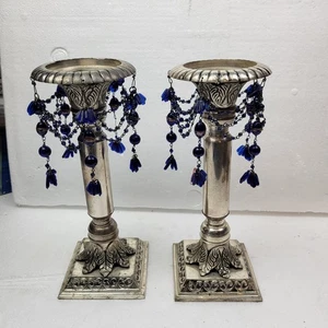 Pier 1 Bohemian großer silberfarbener Kerzenhalter kobaltblau Glas Lampwork Perlen - Bild 1 von 11