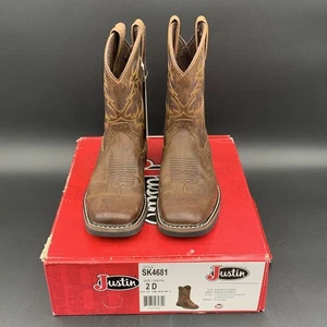 Justin Boots Kids 2D Western Cowboy Rugged Brown Tan Buffalo Leather J-Flex - Picture 1 of 8