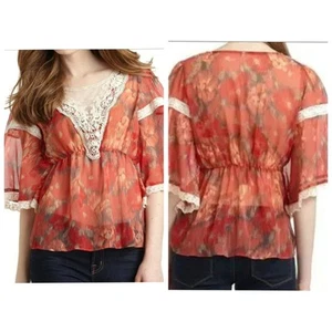 Free People Daydreamer Sheer Orange Boho white Lace Blouse Womens Medium - Picture 1 of 7
