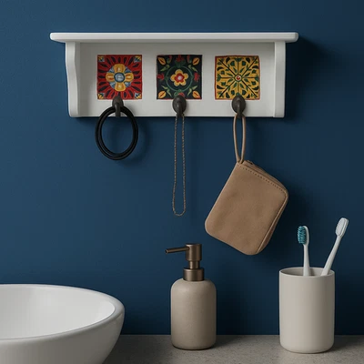 Rustic wood Wall Shelf with Ceramic Tile Inlay & Hooks – Entryway Key Holder - Image 1 of 4