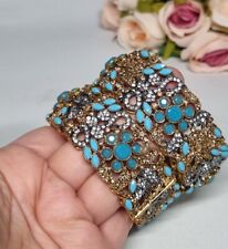  Indian Pakistani 2 Gold Plated Wide Kara Bangles With Ferozi Turquoise Stones 