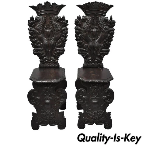 Pair of 18th Century Italian Renaissance Lion Carved Walnut Sgabello Hall Chairs Cover