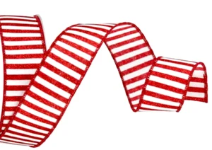 Red & White Horizontal Stripe 1.5" by 2 yards Wired Ribbon Glitter Patriotic - Picture 1 of 6