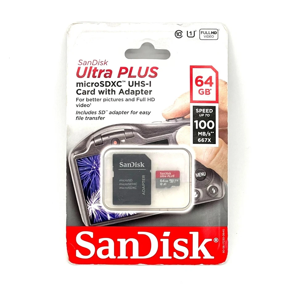 SanDisk Ultra Plus 64GB microSDXC UHS-I Card With SD Adapter Video Speed 100MB/S - Image 1 of 4