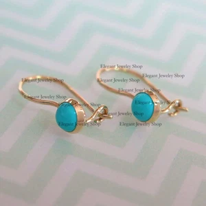 14K Yellow Gold Small Turquoise Gemstone Drop Earrings Handmade Fine Jewelry - Picture 1 of 7