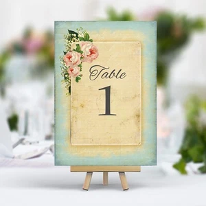Vintage Style Wedding Table Numbers Names Cards - Shabby Chic Blue Flower Rose - Picture 1 of 3