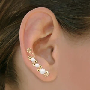 Ear Sweeps Pins Climbers Vines Earring Gold with Swarovski White Pearls #243 - Picture 1 of 2