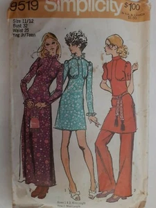 Dress Mini Evening Pants Simplicity Sewing Pattern 9519 Size 11 12 VTG 70's Cut - Picture 1 of 6