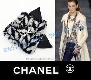 CHANEL 04A Chevron Tweed Camellia BROOCH for Coat Jacket * 3.25" ~ EUC - Picture 1 of 8