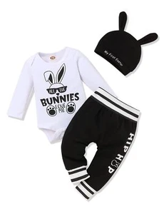My First Baby Boy Easter Outfits Cute Bunny Romper and Plaid Pants Ear Hat 3P... - Picture 1 of 8