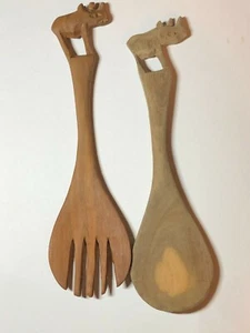 Vintage Carved Wood - Rhinoceros Animal Serving Spoon Fork Set - Picture 1 of 3
