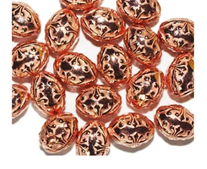 Embossed Floral Fleur Oval 15mm Bright Copper Metalized Metallic Beads - Picture 1 of 3