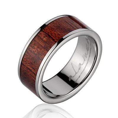 ANILLO DE BODA DE MADERA KOA HAWAIANO CON INCRUSTACIÓN GENUINA TITANIO 8 MM TAMAÑO 5-14 Foto 1 de 2