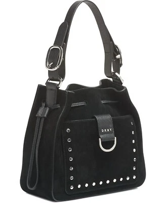 DKNY Wayne Suede Shoulder Bag Studded Drawstring Moto Rock Punk Crossbody Black - Image 1 of 4