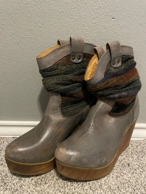 Botas anabela Bed Stu femininas tamanho 8 couro cinza punho de malha plataforma tornozelo sapatos - Imagem 1 de 4