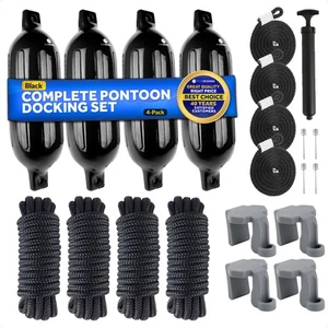 Boat Fenders Complete Set, Black 6.5"x23", Includes Dock Lines and Fender Clip - Picture 1 of 9