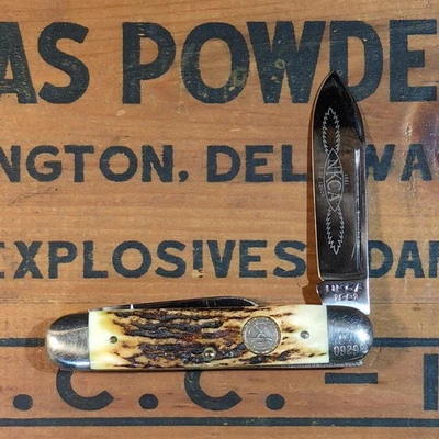 Vintage 1981 NKCA Queen Cutlery USA #03595 Stag 2 Blade Cigar Pocket Knife - Image 1 of 4