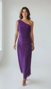 Alex Ruched Evening Gown Maxi Full Length One Shoulder Rhinestone Purple 12 P - Picture 1 of 12