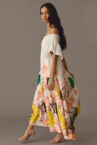 new Anthropologie Pia Binazzi Tiered Off-The-Shoulder Dress S M L Fish Aquatic  - Picture 1 of 9