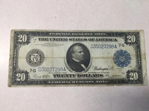 1914 Large Size $20 Dollar Bill Federal Reserve Note Train & Ship Circulated - Picture 1 of 9