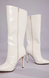 Pretty Little Thing Cream Croc Point Toe Heeled Calf Knee High Boots Size 8 NIB - Picture 1 of 5