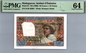 Madagascar 50 Francs 1969 PMG 64 CHOICE UNC Pick # 61 - Picture 1 of 3