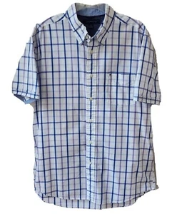 Tommy Hilfiger Shirt Mens L Blue Purple Plaid Button Up Short Sleeve Pocket Logo - Picture 1 of 8