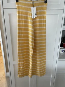 ZARA yellow Striped High Waist Rustic Knit Wide Leg Trousers Size S / Small NWT - Picture 1 of 8