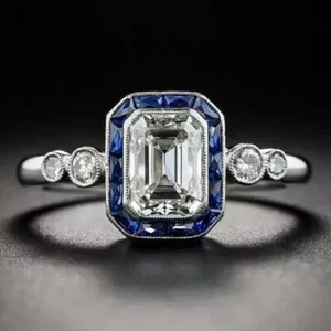 3.10 Ct Emerald Cut Diamond Vintage Art Deco Halo Wedding Ring White Gold Finish - Picture 1 of 7