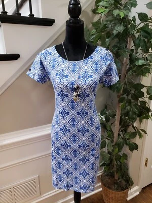 Vestido para mujer Rafaella azul y blanco de algodón cuello redondo manga corta hasta la rodilla S Foto 1 de 4