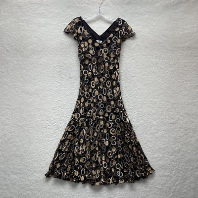 Vestido Midi Y2K Vintage Seda 8 Mediano Marrón Patrón Cuentas Boho Mod Cottagecore Foto 1 de 4